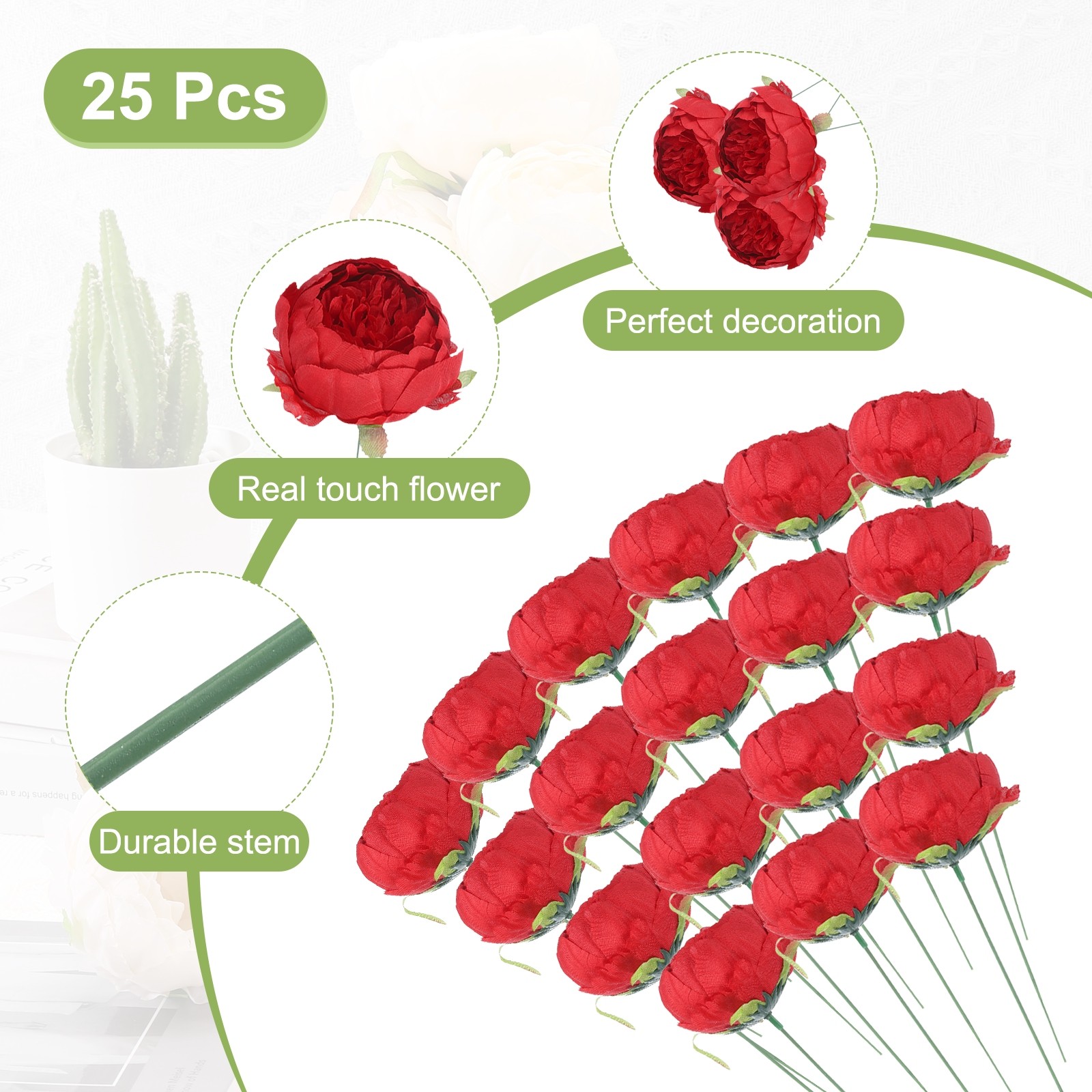 25Pcs Peonies Artificial Flowers Fake Silk Heads Real Touch with Faux Stems Red