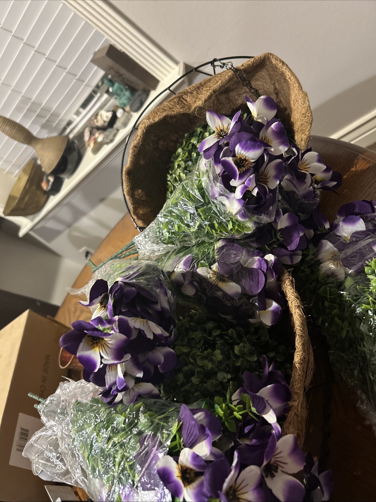 Purple & White Artificial Hanging Plant Basket with UV-Resistant Flowers