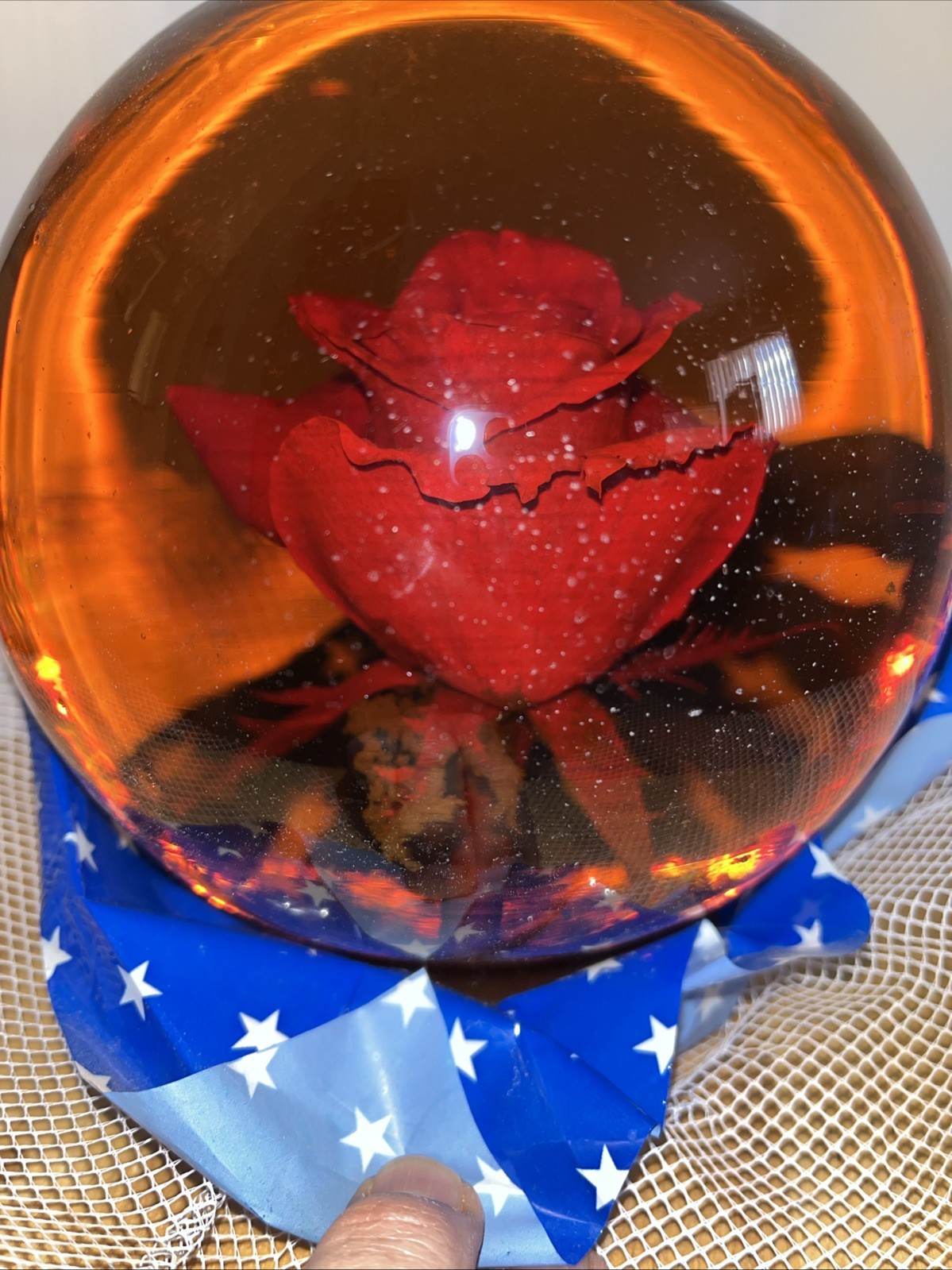 VTG Forever Rose in Water Glass Amber Globe Large Real Rose 6 1/2″ 4 lb 11 oz