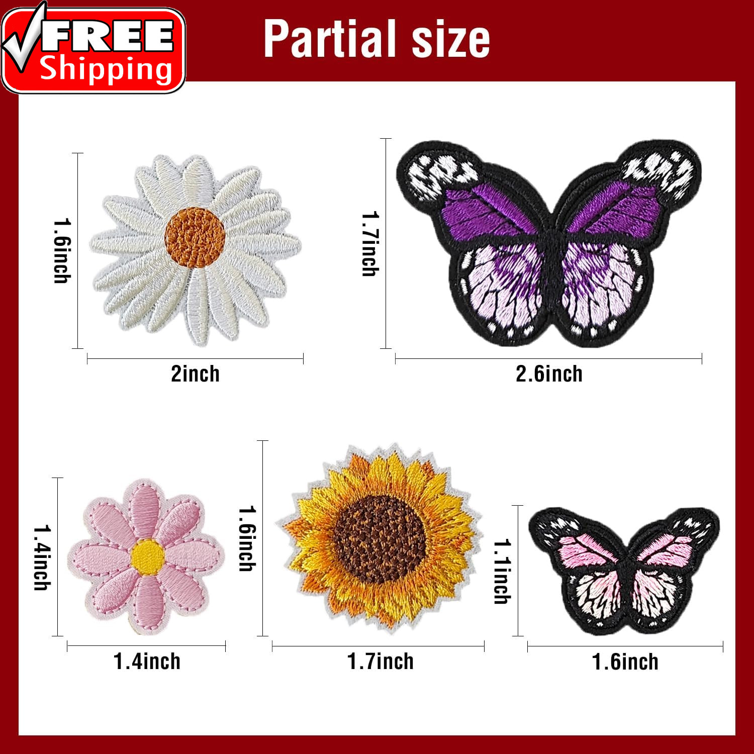 42PCS Flower & Butterfly Iron on Patches, Sew on Embroidered Applique Flower & B