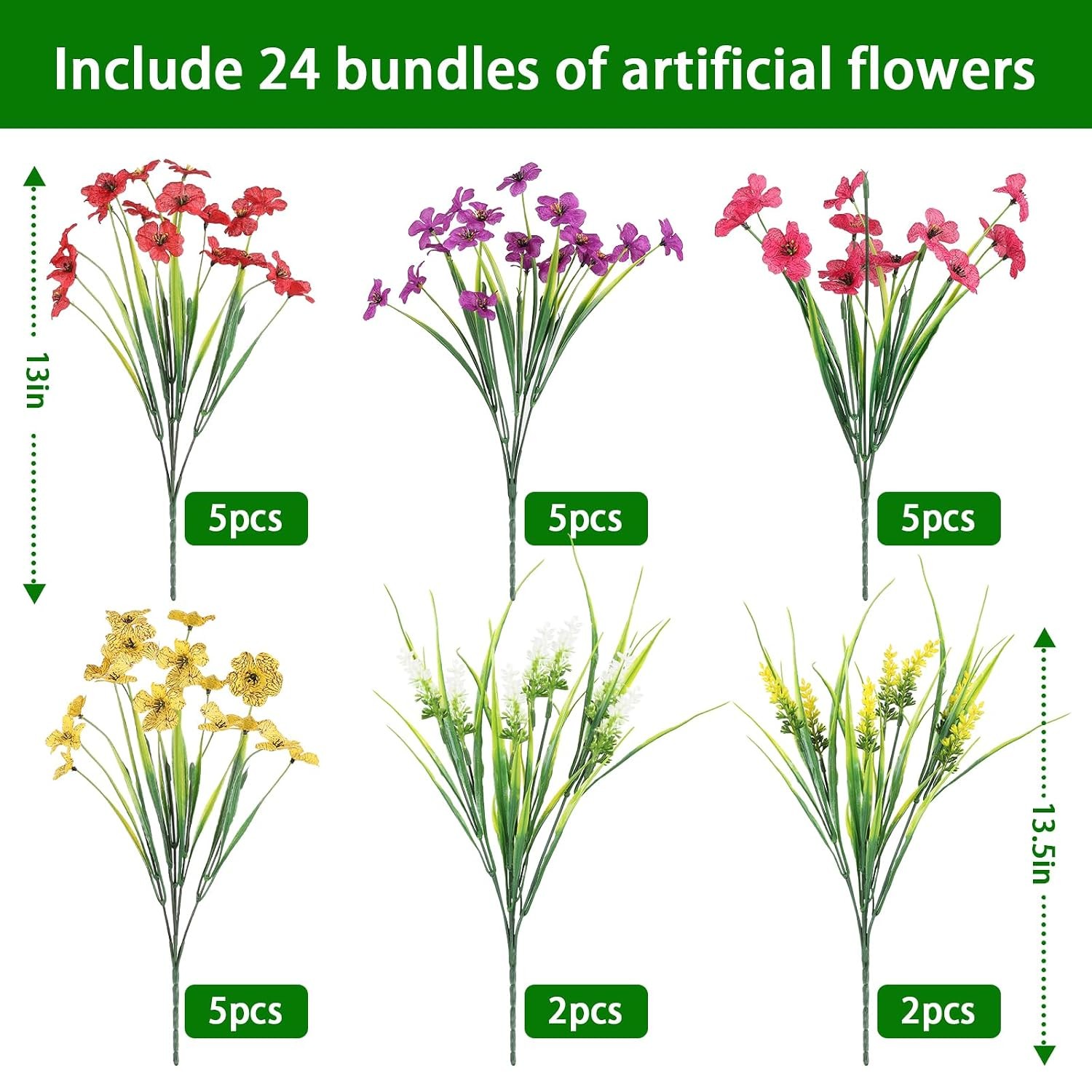 Realistic Fake Flowers for Outdoors 24PCS Mix Color Faux Silk Artificial