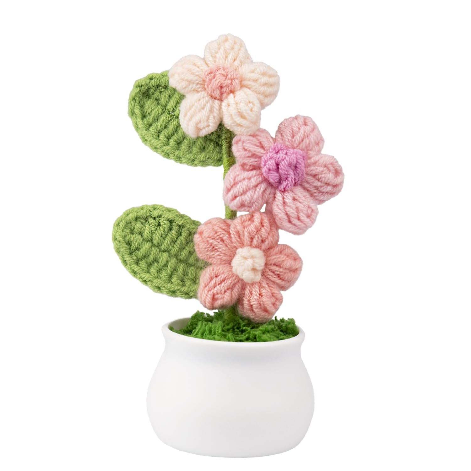 Knitting Crochet Puff Flowers Potted Plants, Gradient Colorful Flowers
