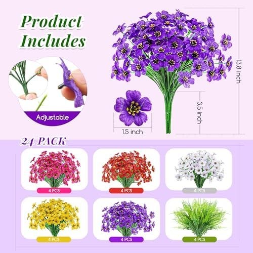 24 Bundles Artificial Flowers for Outdoors Fake Ferns UV Resistant Faux Spring
