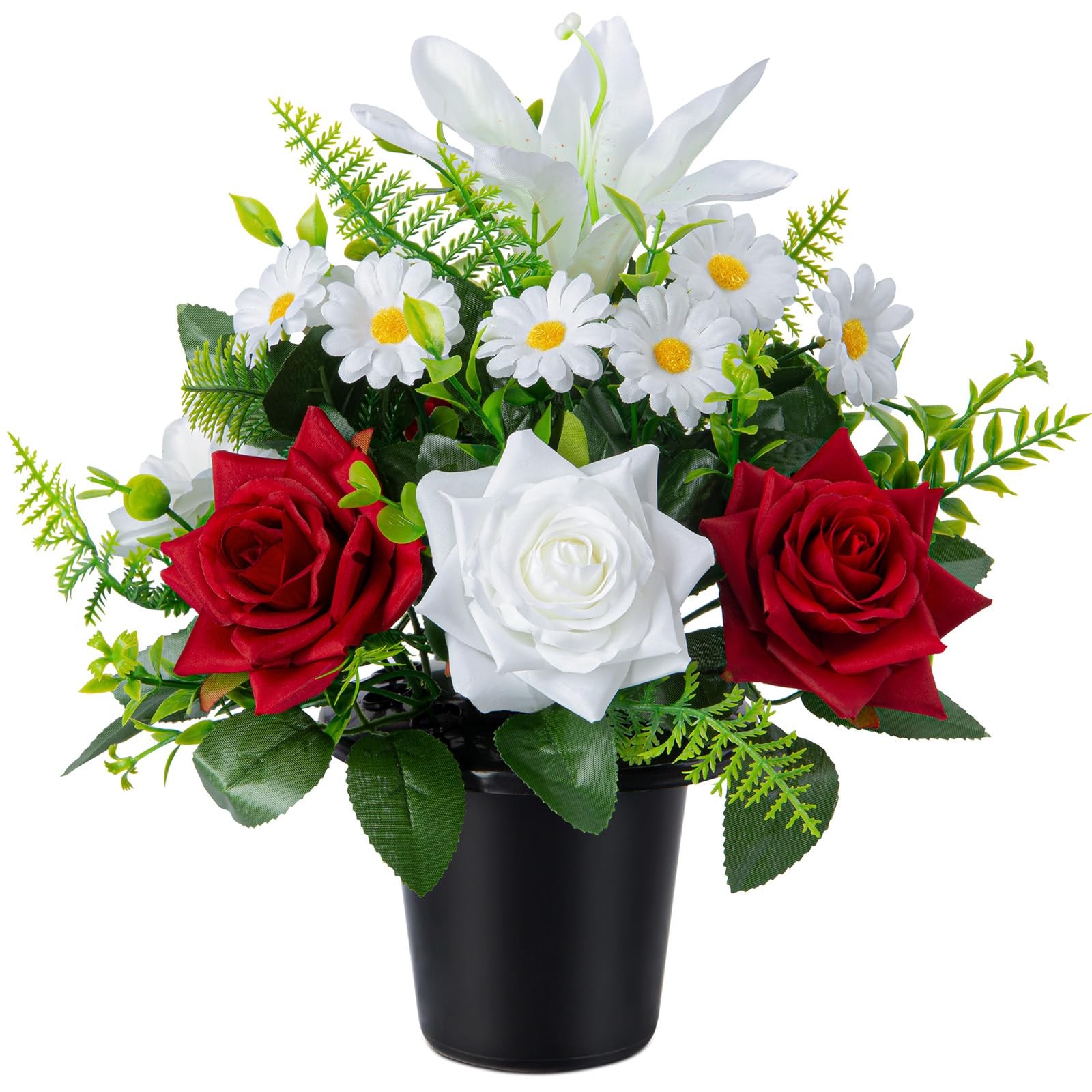 Artificial Grave Flowers in Pots, Artificial Rose Lily Daisy Memorial Flowers…