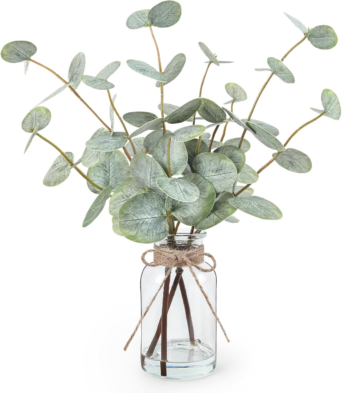 Artificial Eucalyptus Stems in Glass Vase with Faux Water, 13.5” Fake Plants for