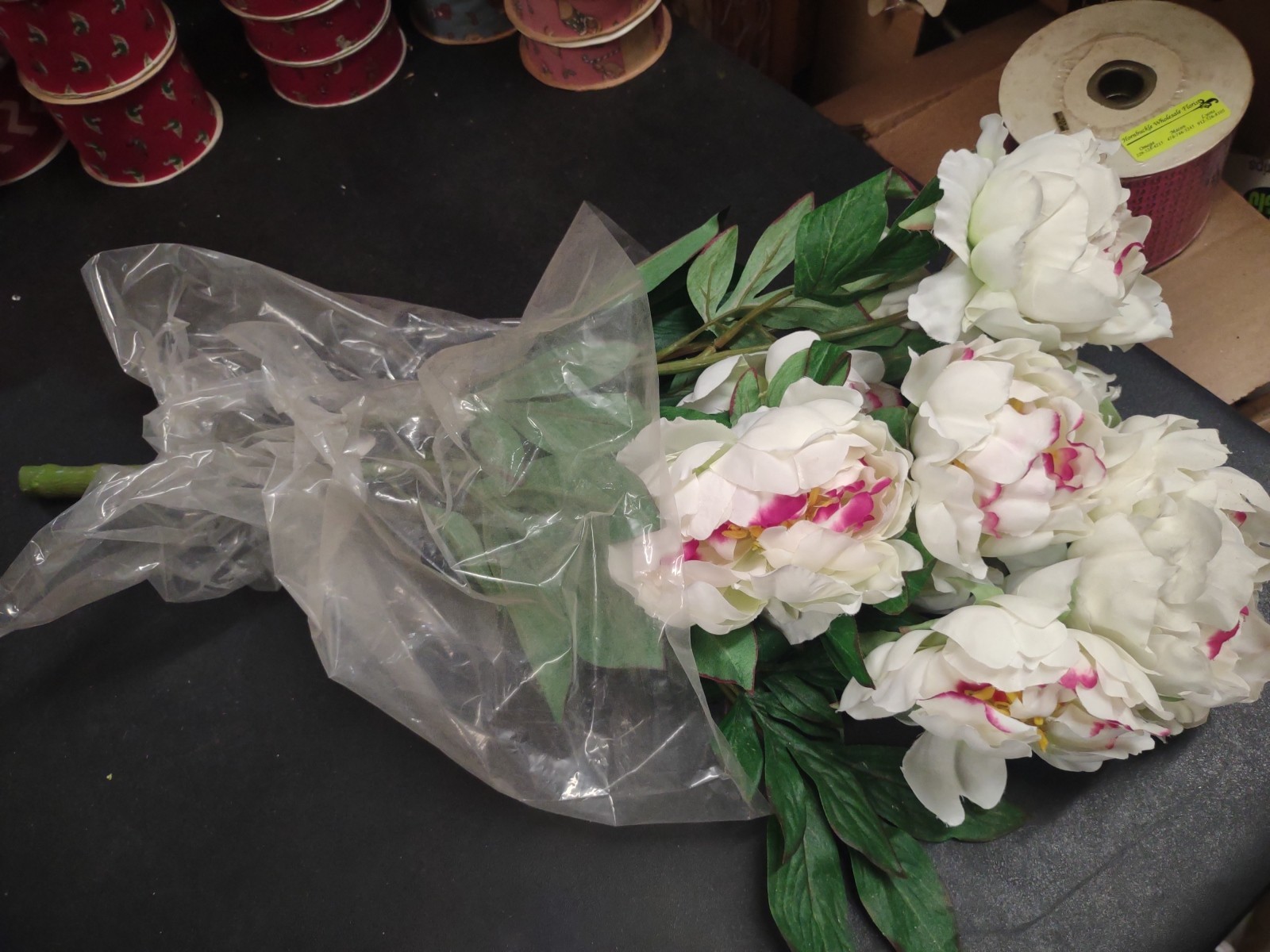 Realistic Silk Peony Bush 21″, Festiva Maxima Peonies, 7 Blooms White Variegated