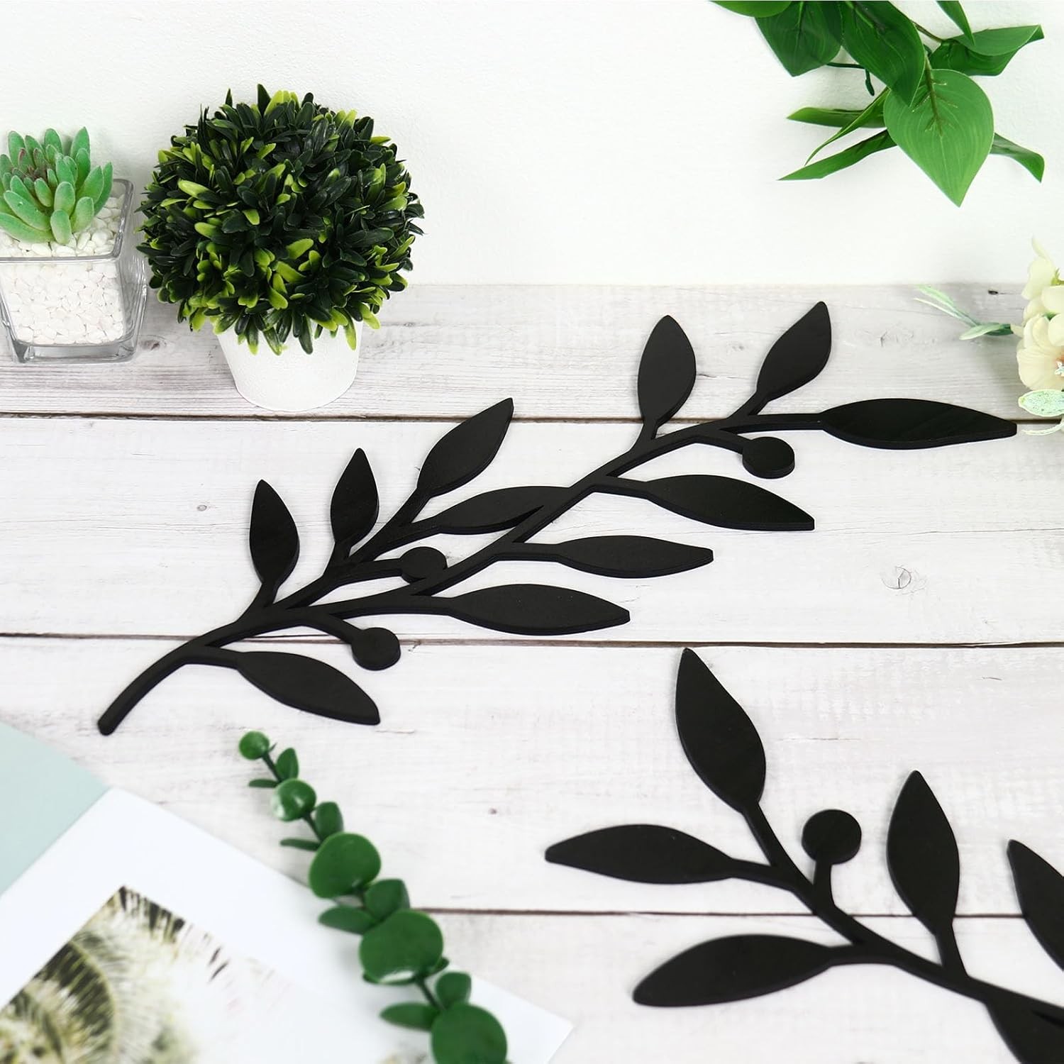 2 Pieces Black Leaf Wall Decor Wooden Vine Olive Branch Leaves Botanical Art