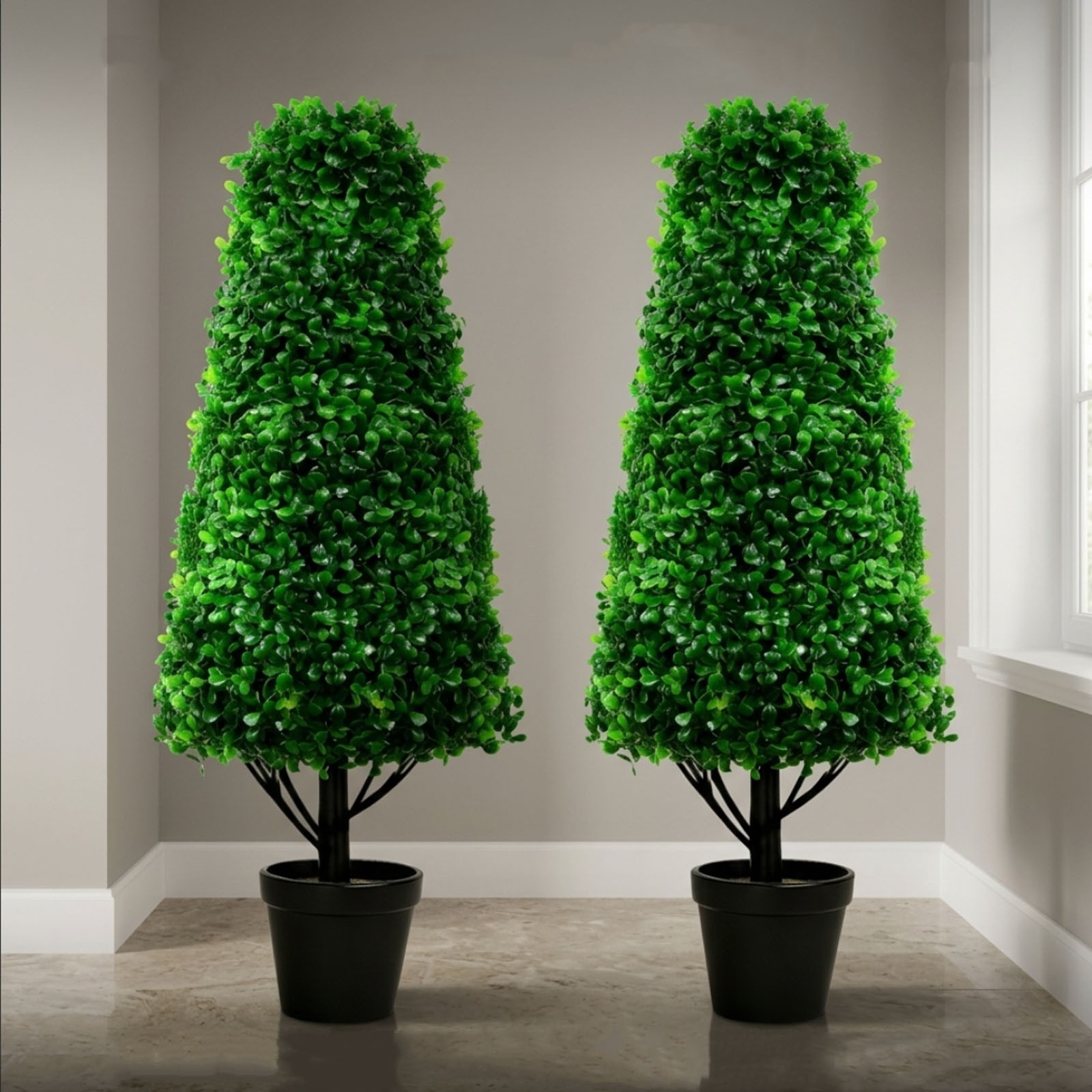 3′ Artificial Boxwood Cone Topiary Tree 2 PackFaux Tree with Replaceable Leaves