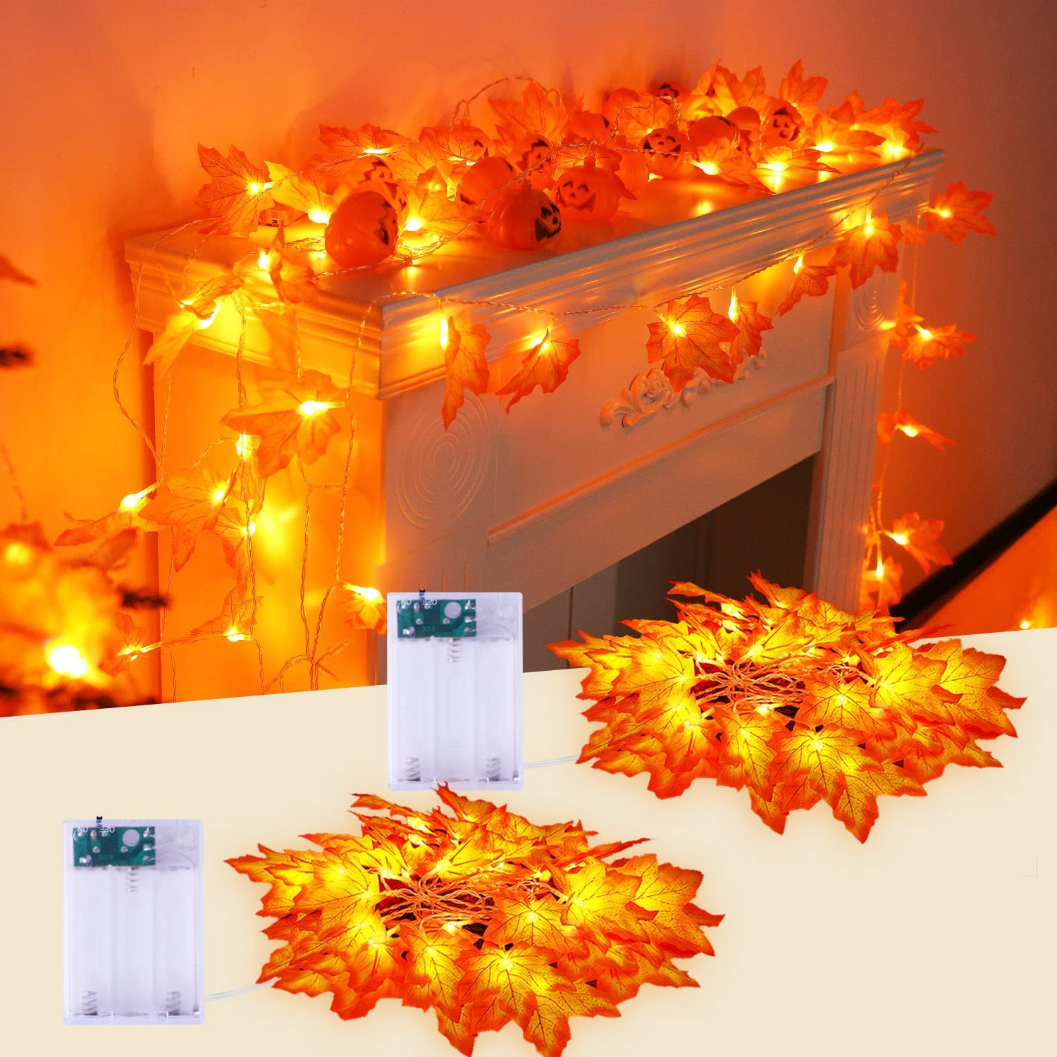 JMEXSUSS 2 Pack Fall Decor Lights Battery Operated, Total 22 FT 40 LED Thanksgiv