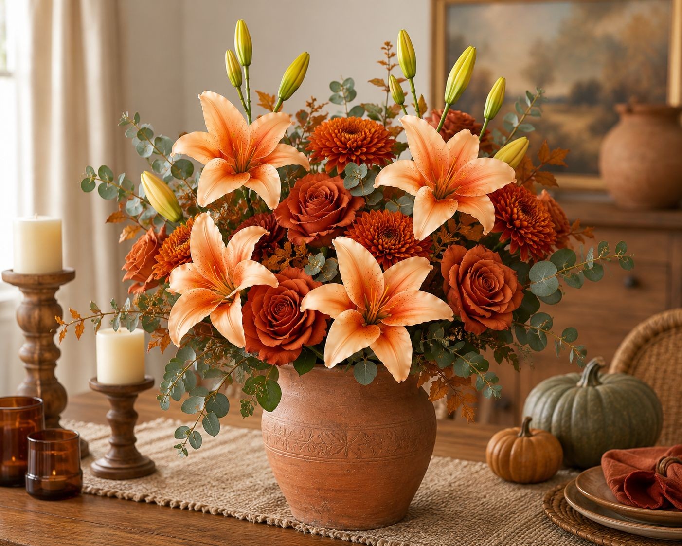 Orange Peach Real Touch Lily Stems, Faux Lily Flowers, Artificial Lilies, Fall F