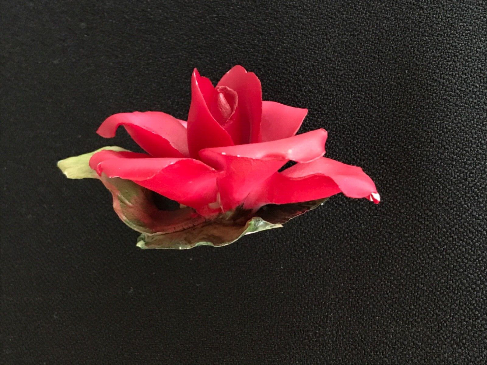 VINTAGE PORELAIN RED ROSE FLOWER WITH GREEN LEAF, ITALY