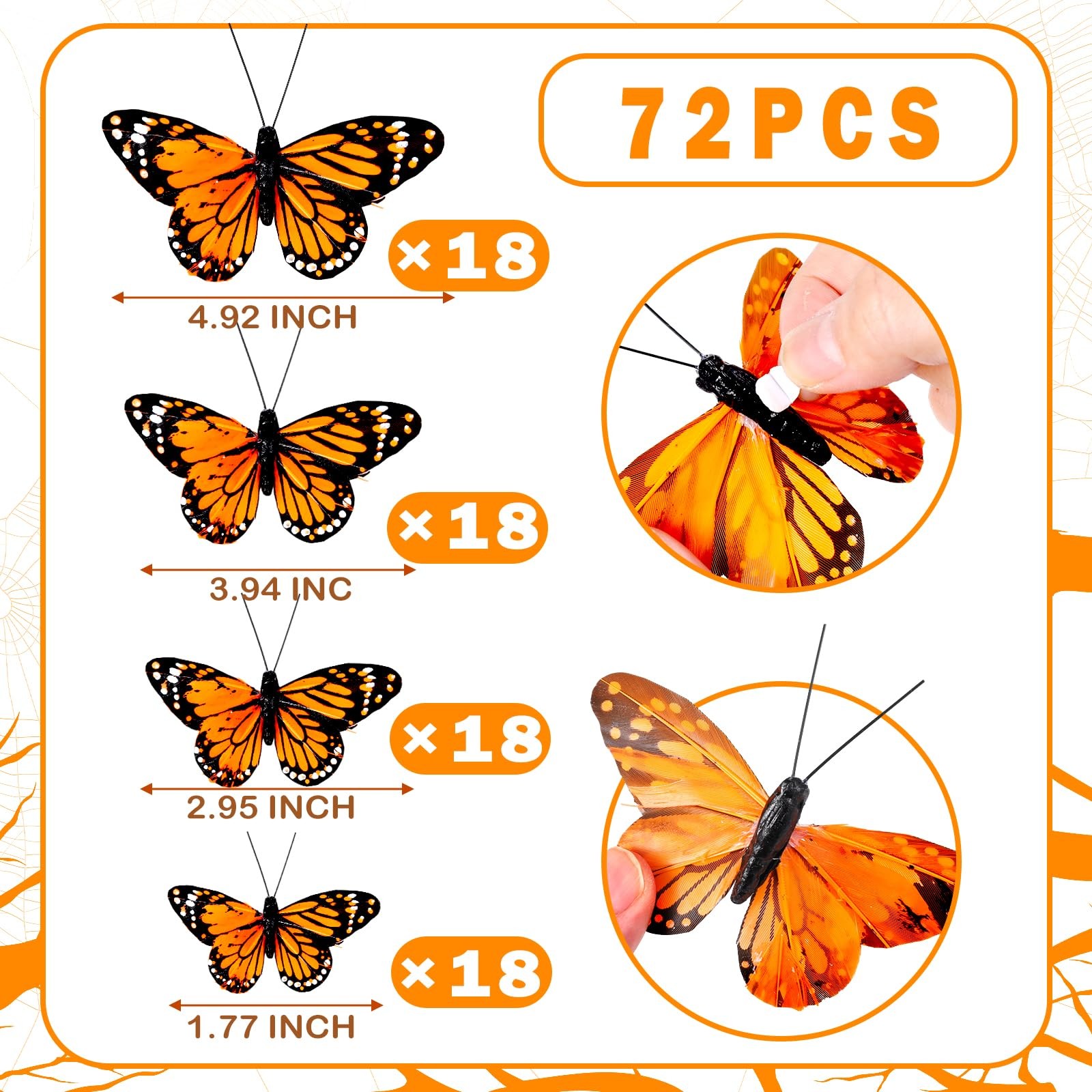 72 Pcs Halloween Monarch Butterfly Decorations for Crafts 4 Size Artificial F…