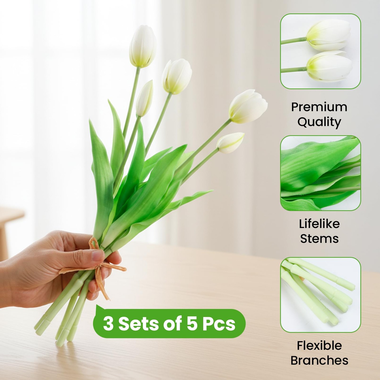 15 PCS Artificial Tulips Flowers White Fake Real Touch Soft Faux Bouquets