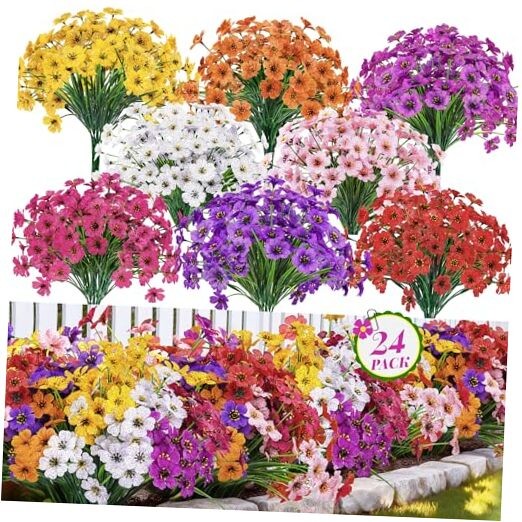 24 Bundles Artificial Flowers for Outdoor UV Resistant Faux Multi Color-a