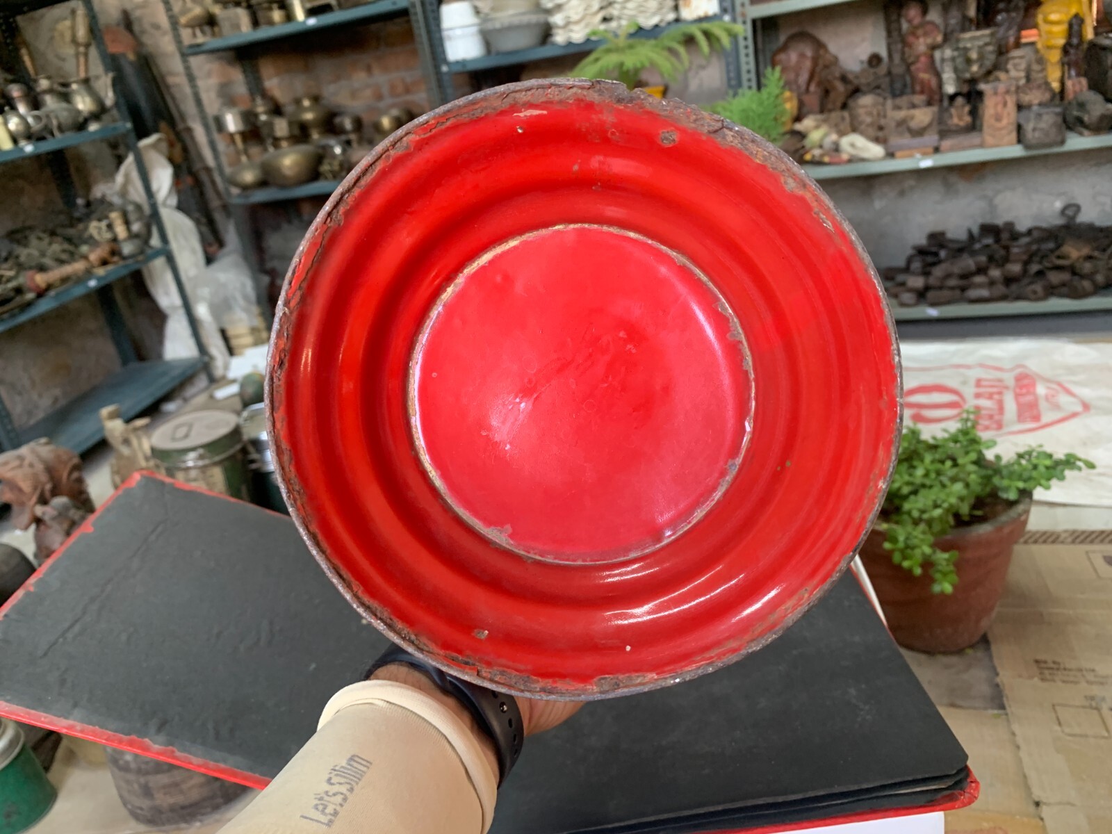Vintage Hand Crafted Red Color Enamel Floral Leaf Design Painted Flower Vase Pot
