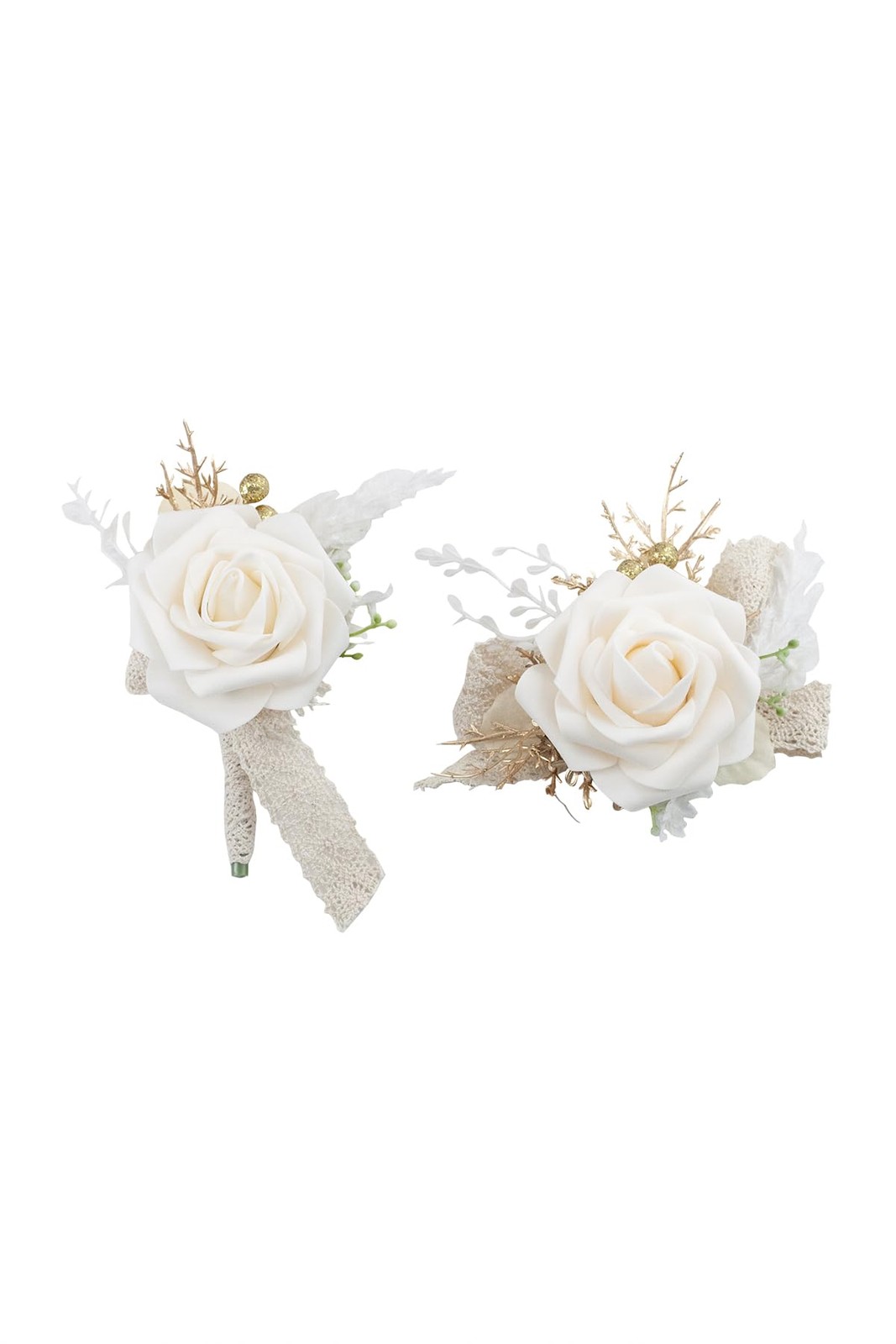 Yelinart Champagne & White Wrist Corsage and Boutonniere Set for Wedding Prom…