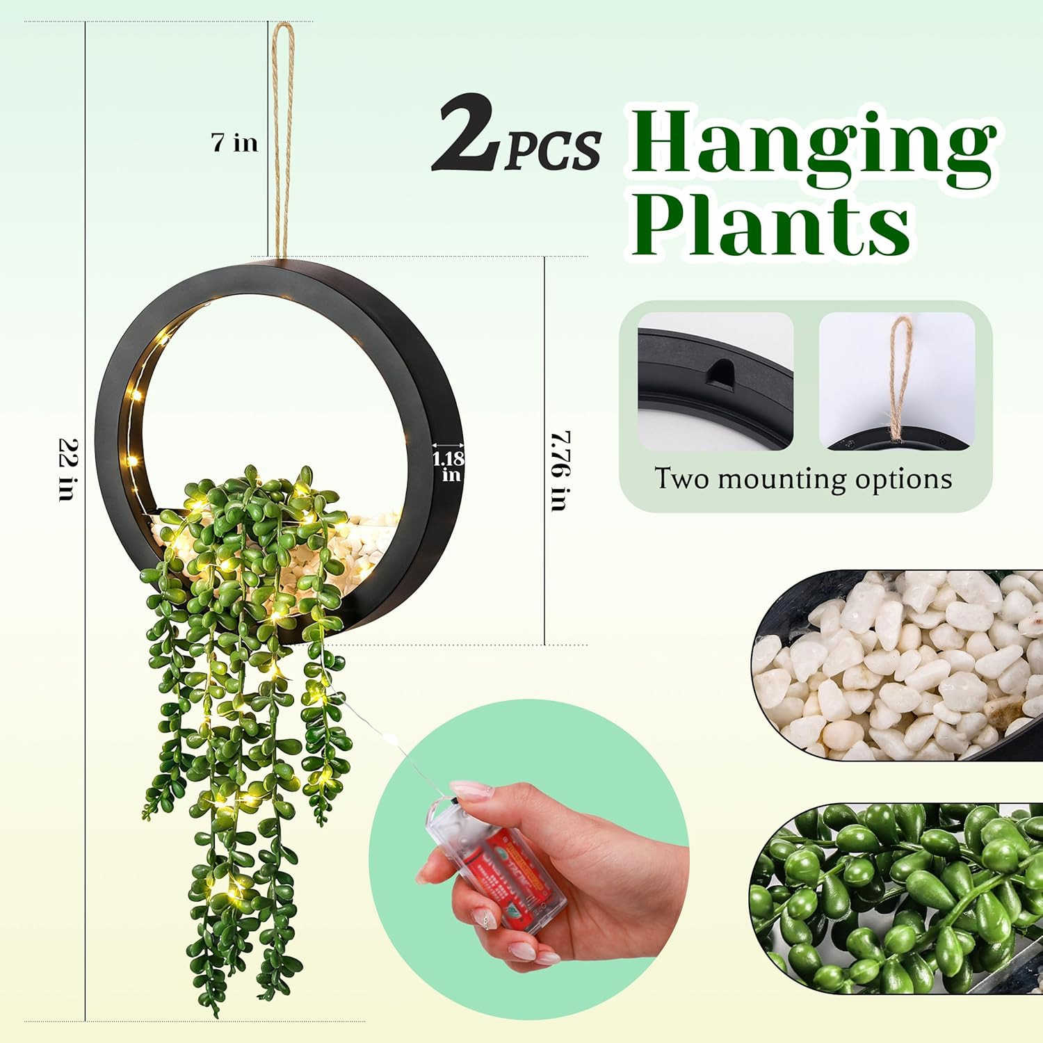2 Pack Lighted Hanging Plants, Artificial String of Pearls Succulents with Warm
