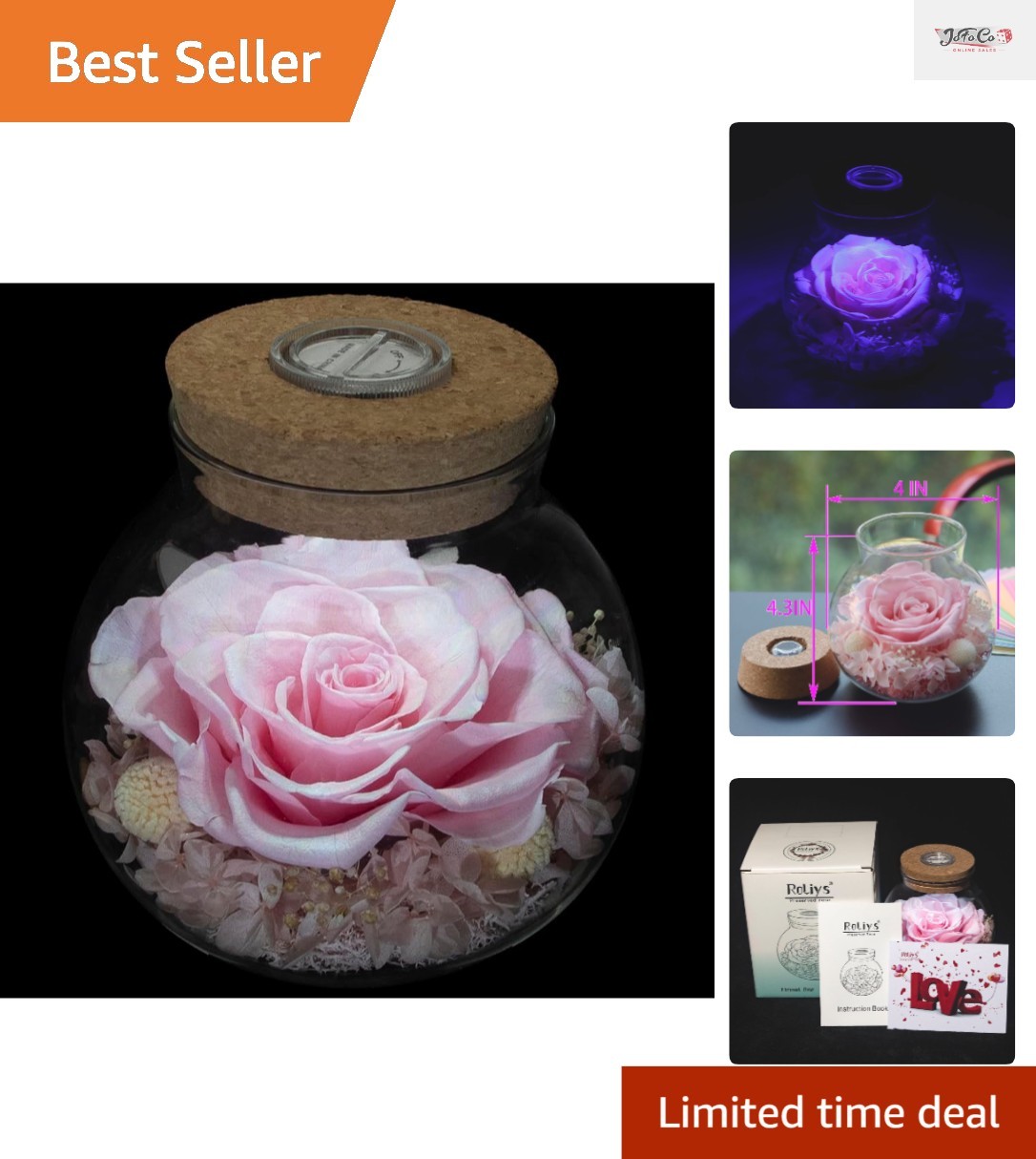 Preserved Real Pink Roses in Mood Light Wishing Bottle – Eternal Love Decor