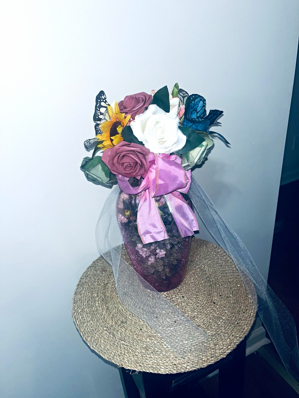 Artificial Rose Flower Arrangement in Vase w/ Pink Bow, Tulle Veil & Butterfly