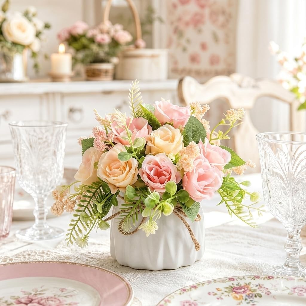 Artificial Rose Flower Plants with Small Ceramic Vase Fake Silk Variety Flowe…