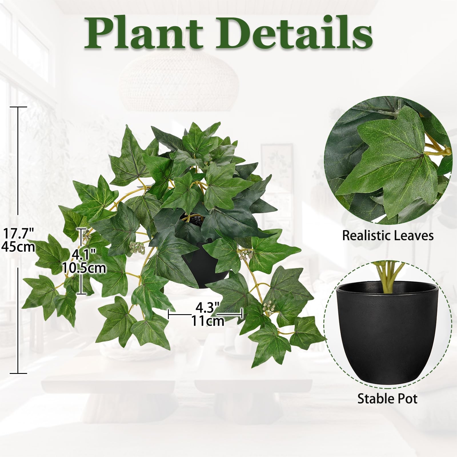 17.7 Inch Green Artificial Plants Indoor Fake Potted Silk Ivy Vine Faux Pot