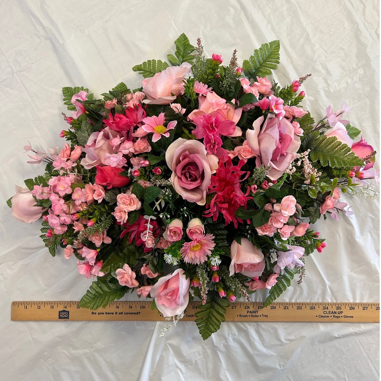 Pink Rose and Daisy Artificial Floral Cemetery Saddle Spray Arrangement 28in