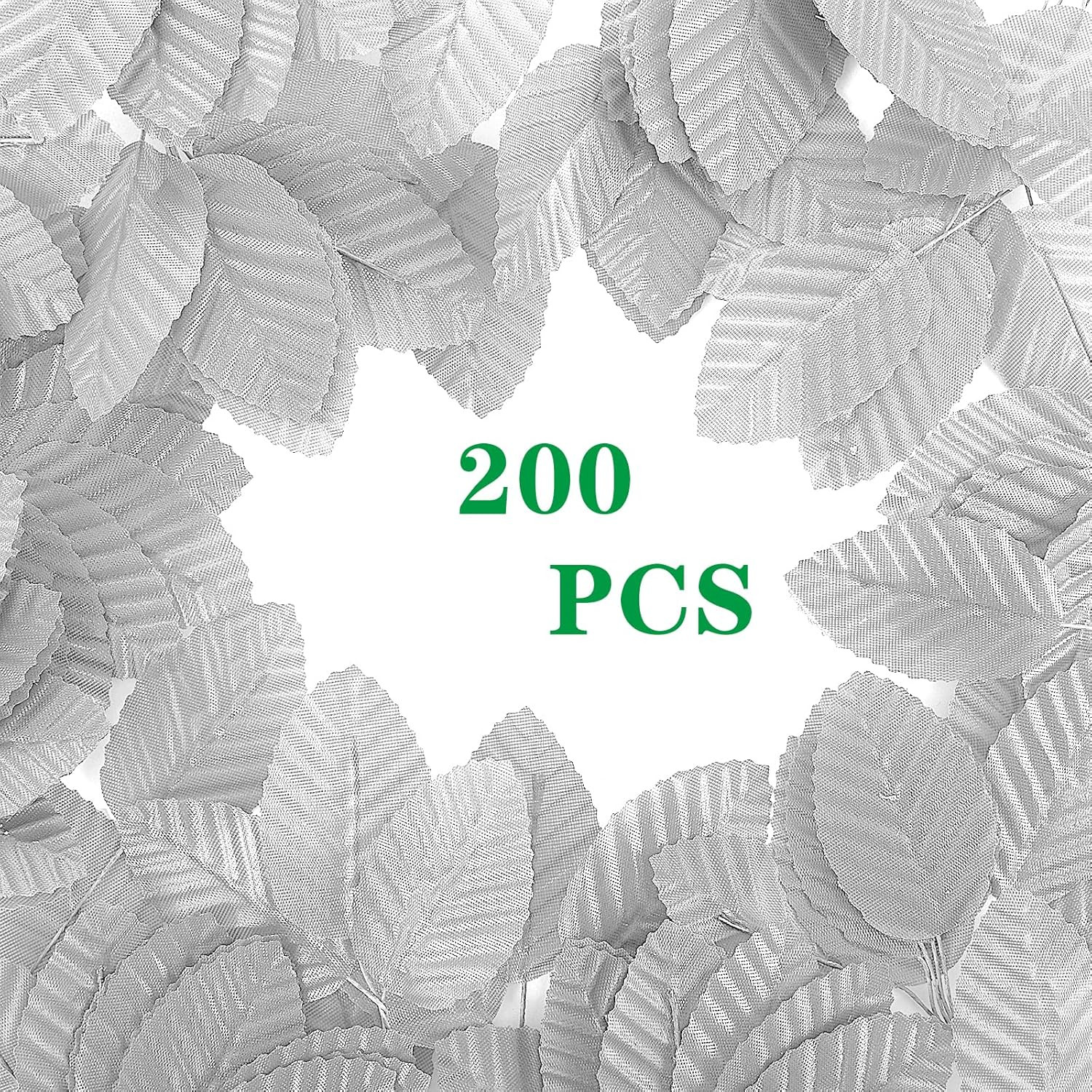 200 Pcs Silver Leaves for Crafts – Artificial Silk Faux Wired Single Leaf Wire C