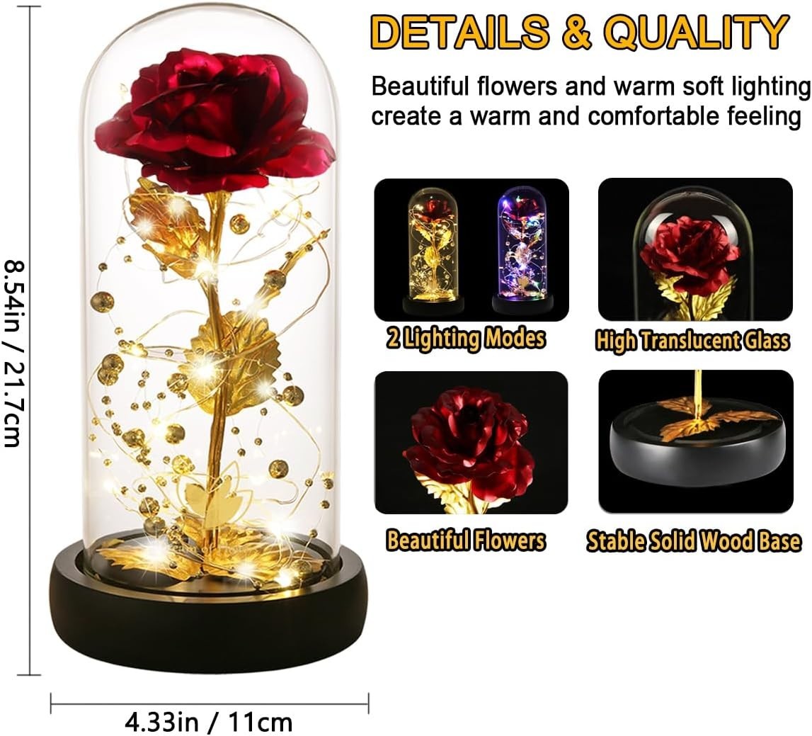24k Gold Foil Galaxy Rose with LED in Glass Dome – Exquisite Home Decor Gift