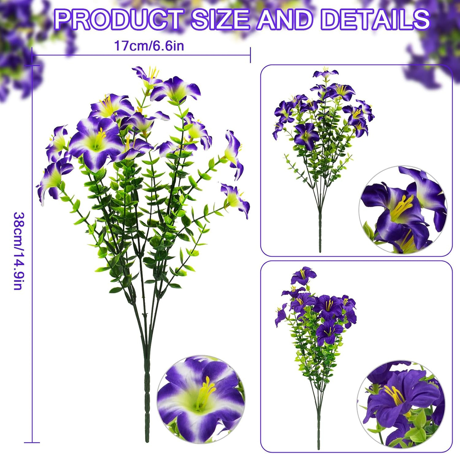 Artificial Petunias Flowers Set with Hanging Baskets UV Resistant Faux Purple
