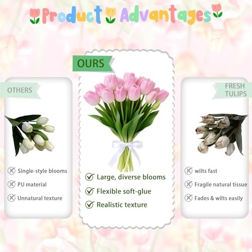 15PCS 15.75″ Artificial Tulips, Premium Latex Natural Feel 15pcs Light Pink