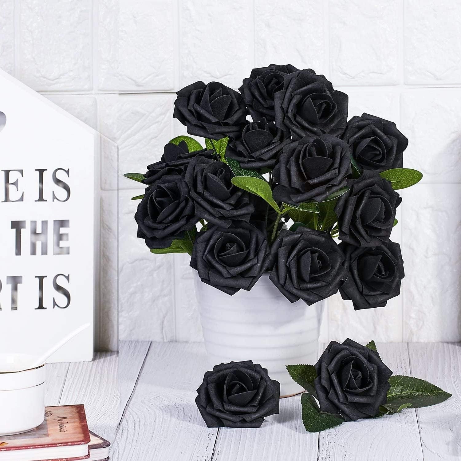 Artificial Flowers 25pcs Real Looking Black Foam Fake Roses with Stems for DIY W