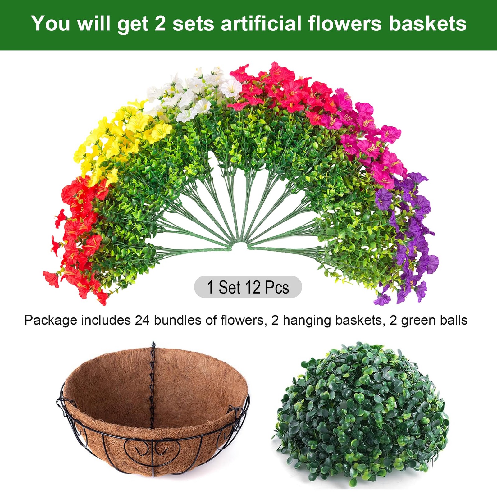 2 Set Artificial Hanging Flowers Fake Plants Baskets for Outdoors Spring Deco…