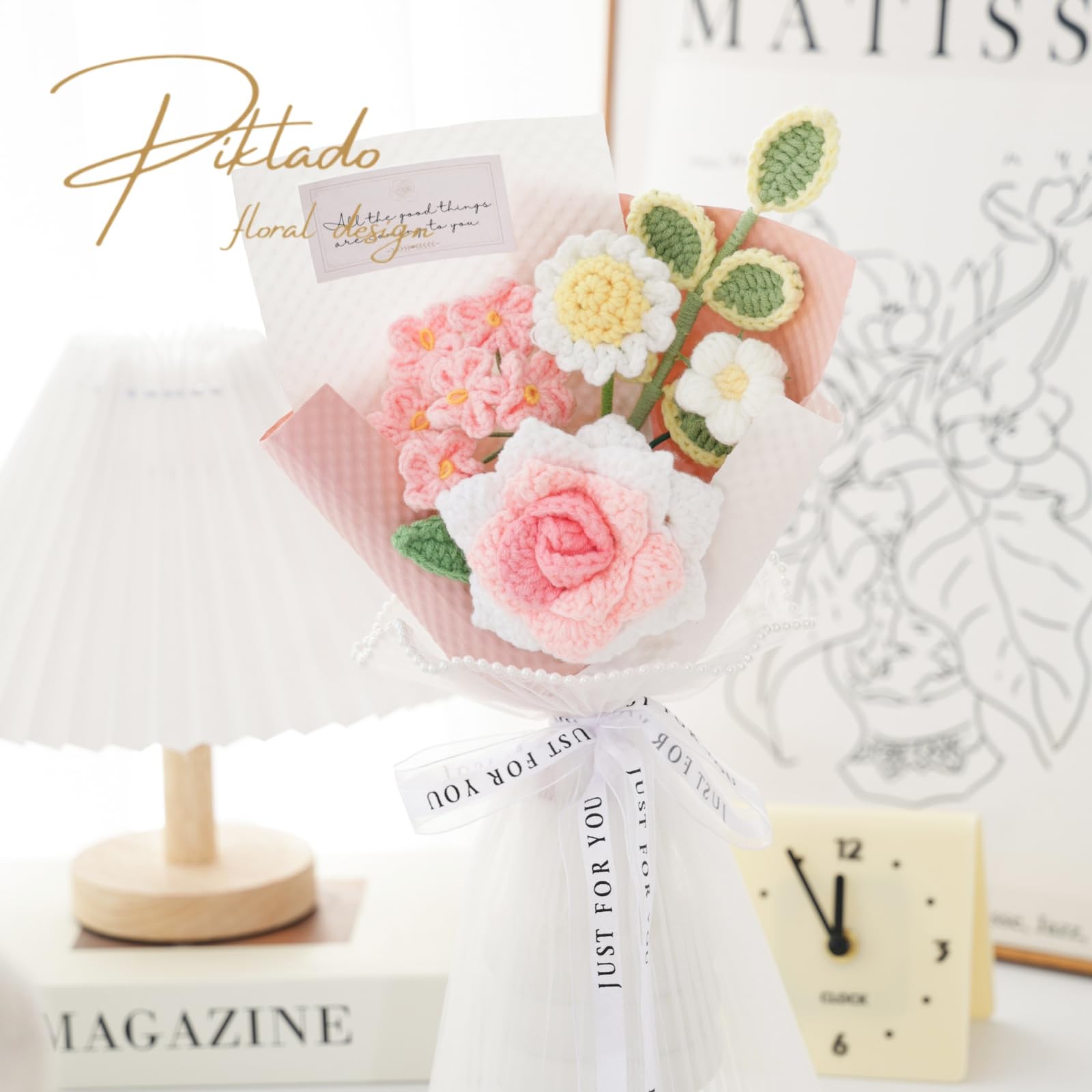 Piklado Handmade Crochet Pink Rose Daisy Bouquet for Family & Friends Finishe…