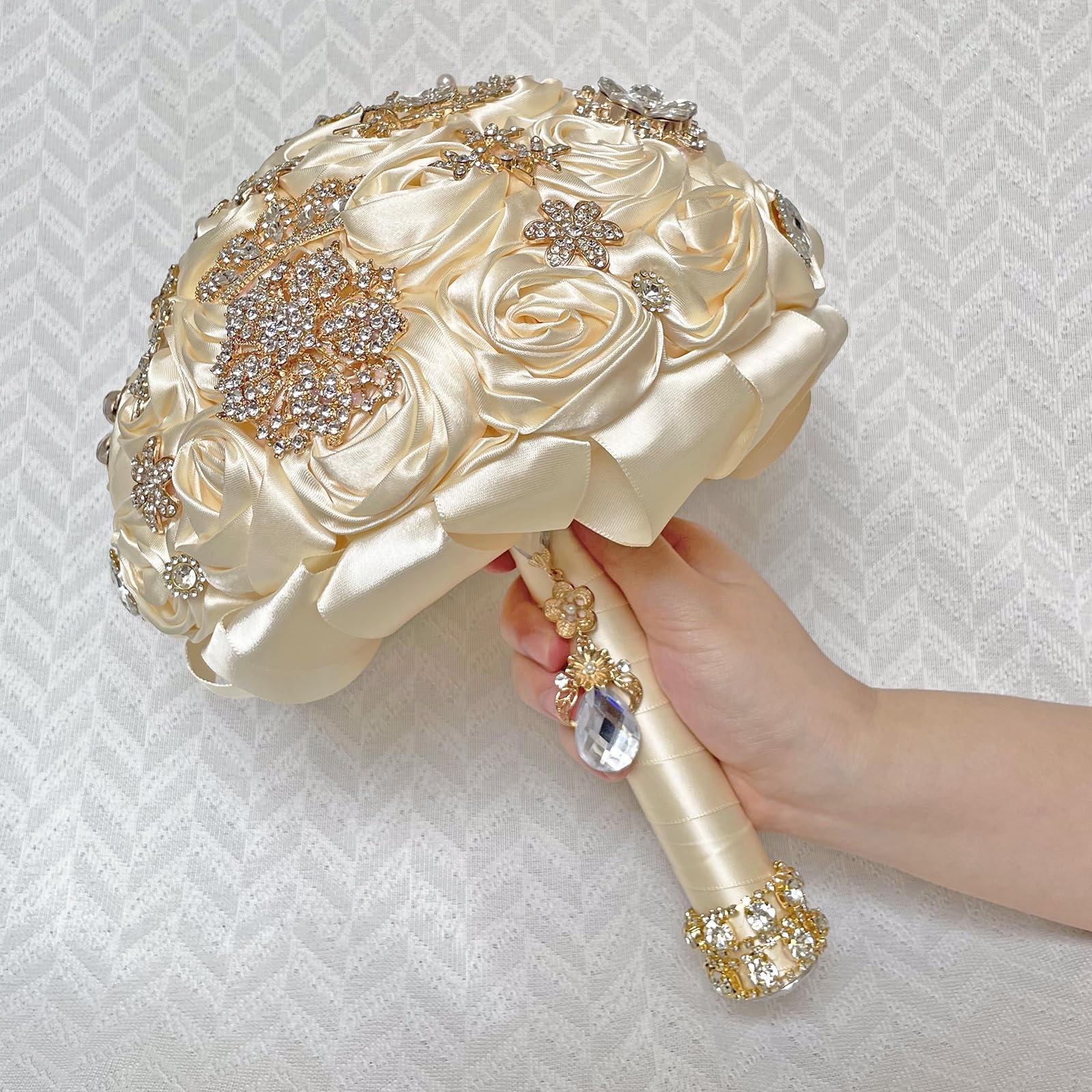 Handmade Satin Rose Floral Bling Pearl Decor Bridal Wedding Bouquet Rhineston…