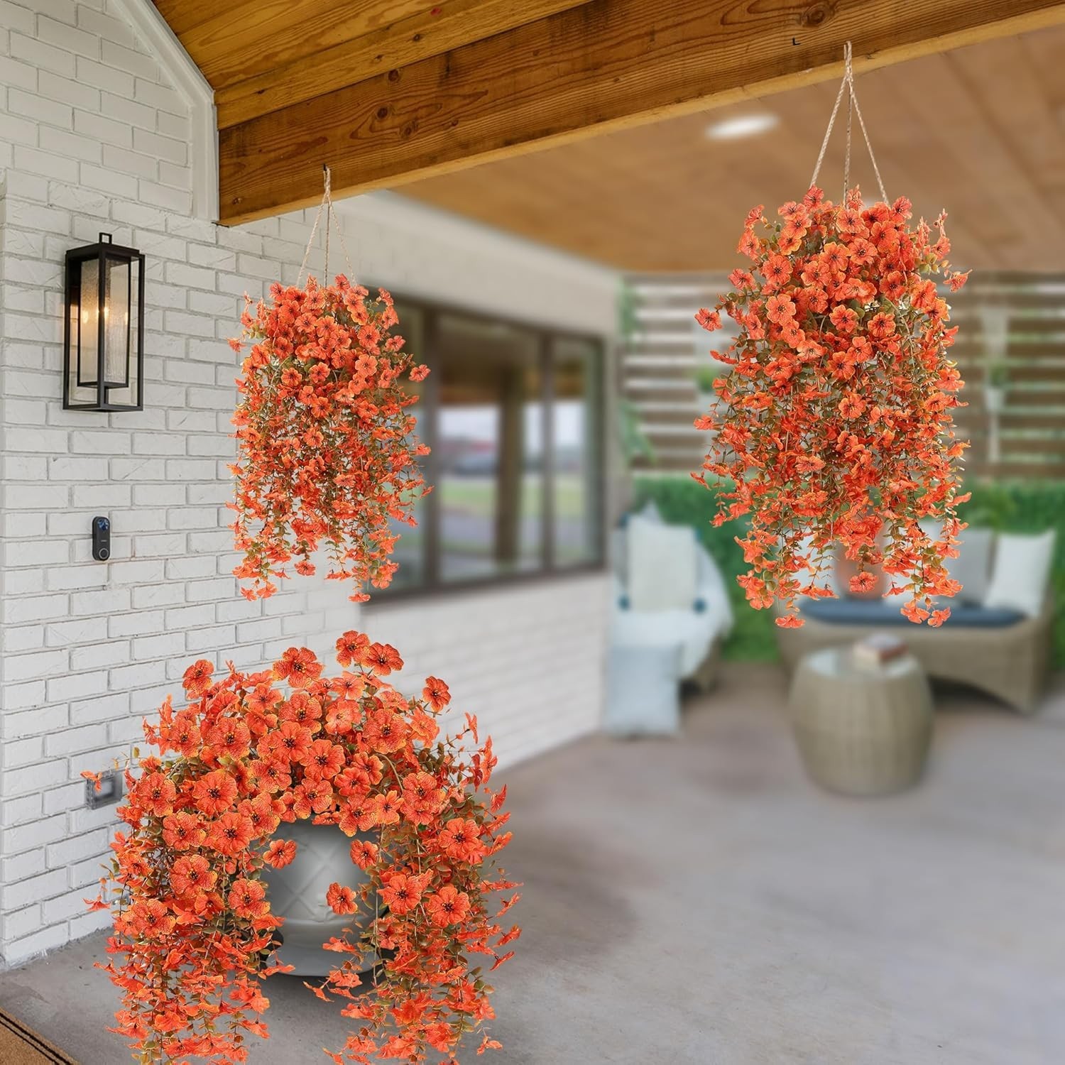 Flores Artificiales Otono 2Piezas Colgantes Exterior Resistentes UV Naranja Rojo