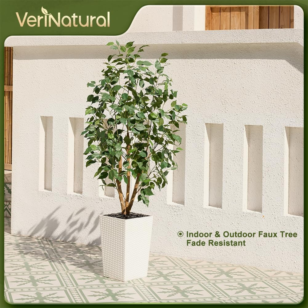 5Ft Artificial Ficus Tree,Tall Faux Tree with Pebbles & Planter UV Resistant Pot