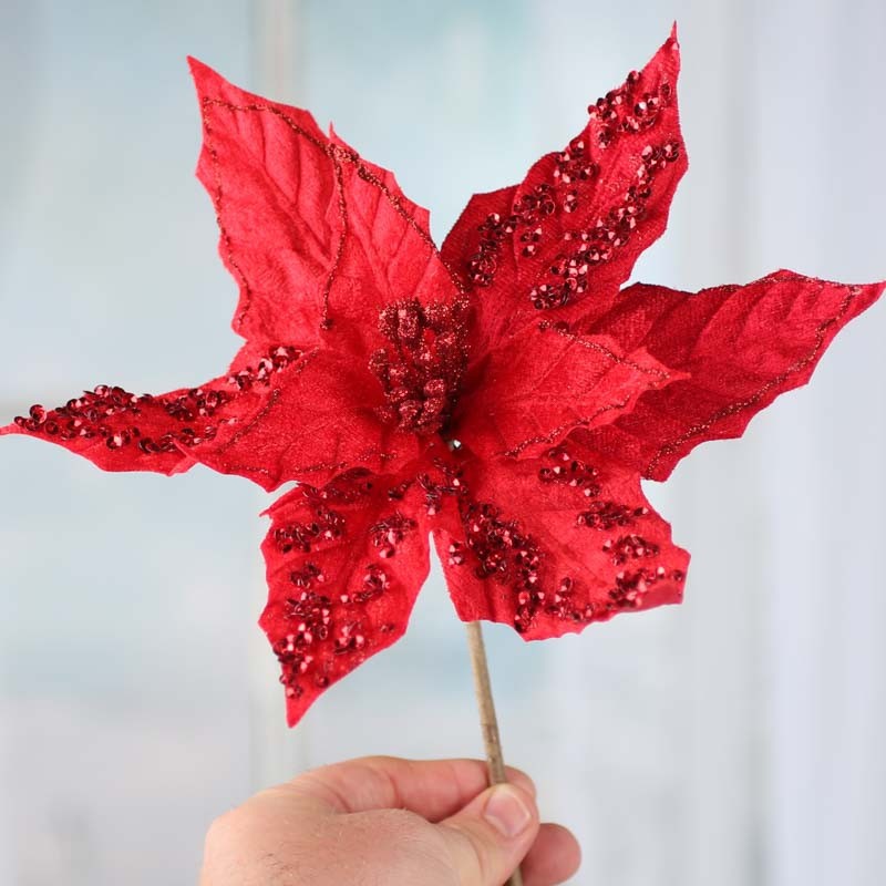 Pair of Sparkling Red Velvet Artificial Poinsettia 12″ Picks