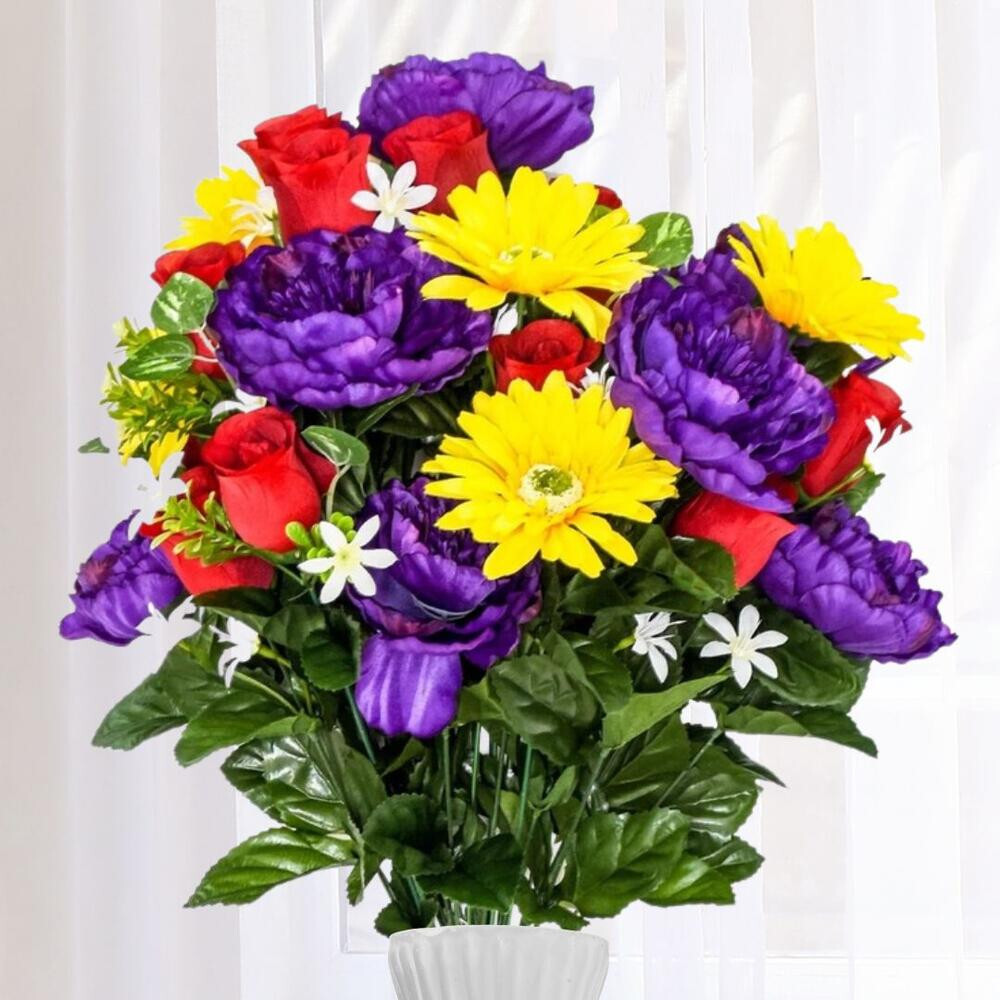 Red, Yellow and Purple Artificial Peony, Daisy & Rose 23″ Floral Bush