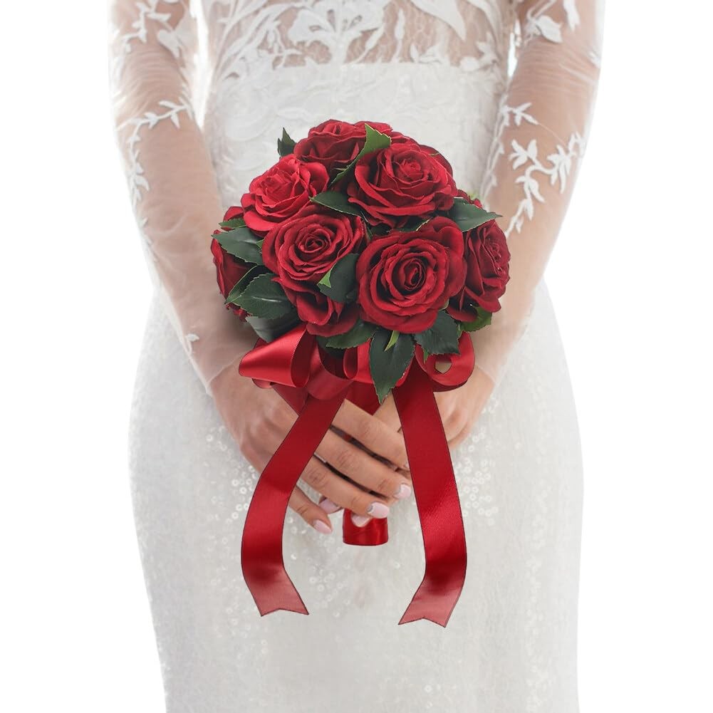 Wedding Bouquets Ribbon Artificial Dark Red Rose Bride Holding Flower