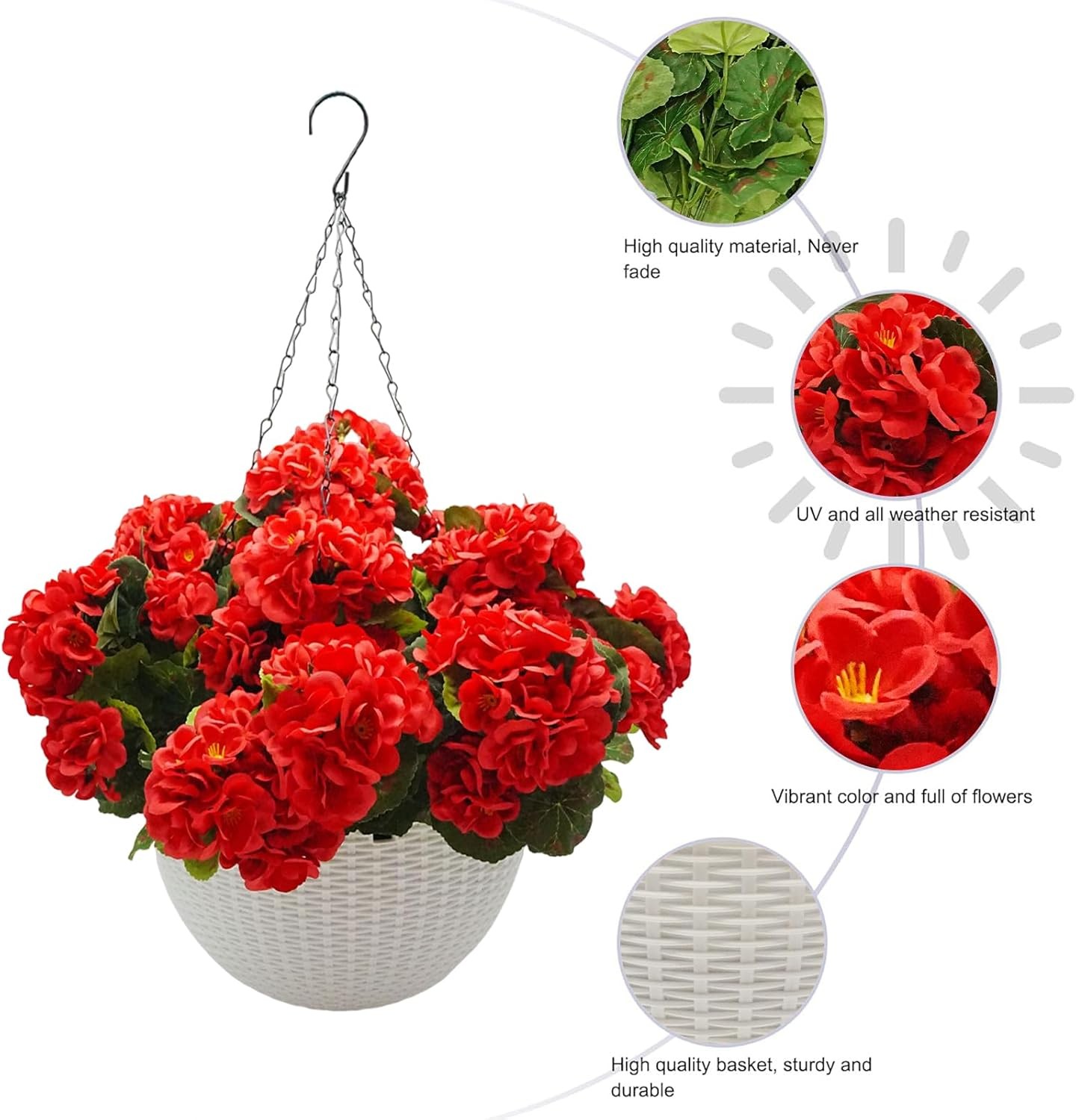 2Pcs Artificial Geranium Hanging Baskets Faux Flowers Indoor Outdoor Display