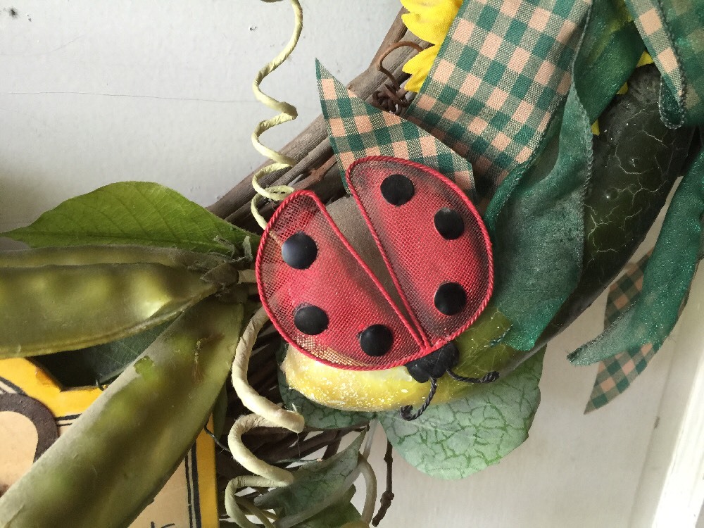 Chili Pepper Sunflower Ladybug Peapod Watering Can Seeds Wreath 16″ by 5″ Deep