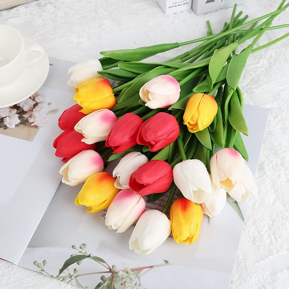 24PCS Artificial White Tulips Real Touch Flowers for Centerpieces Home Decor
