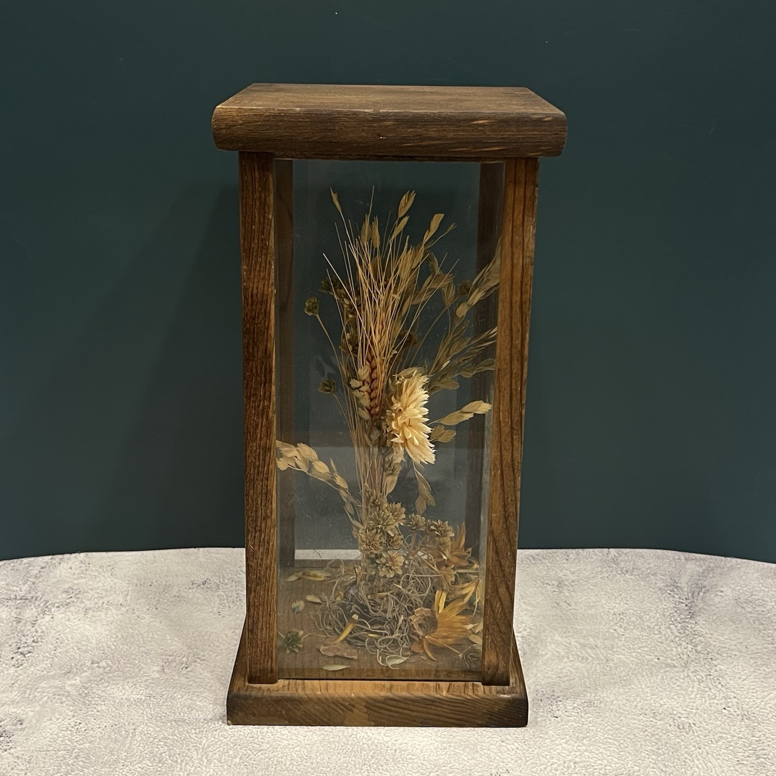 Vintage 1970s Dried Flower & Botanical Wood Terrarium Display Case Boho MCM
