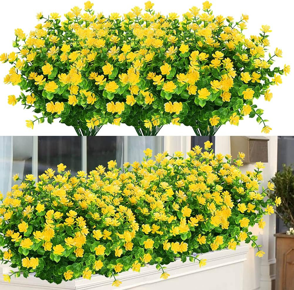 24 UV Resistant Yellow Faux Boxwood Plants for Indoor & Outdoor Décor