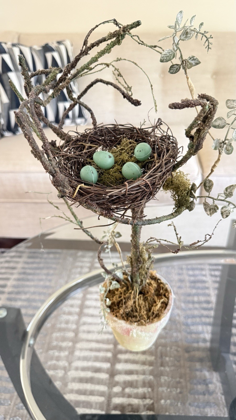 Floral Topiary Arrangement Potted Center Piece With Nest & Robin Eggs