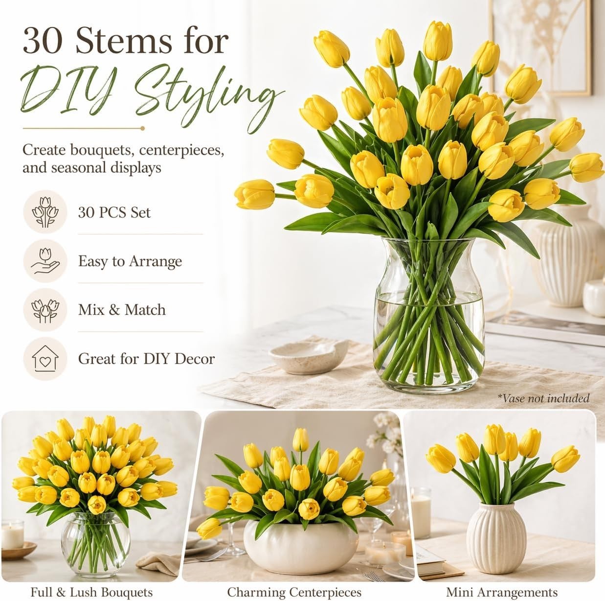 Yellow Artificial Tulip Flowers – 13.7″ 30PCS Real Touch Fake PU Tulips Bouqu…