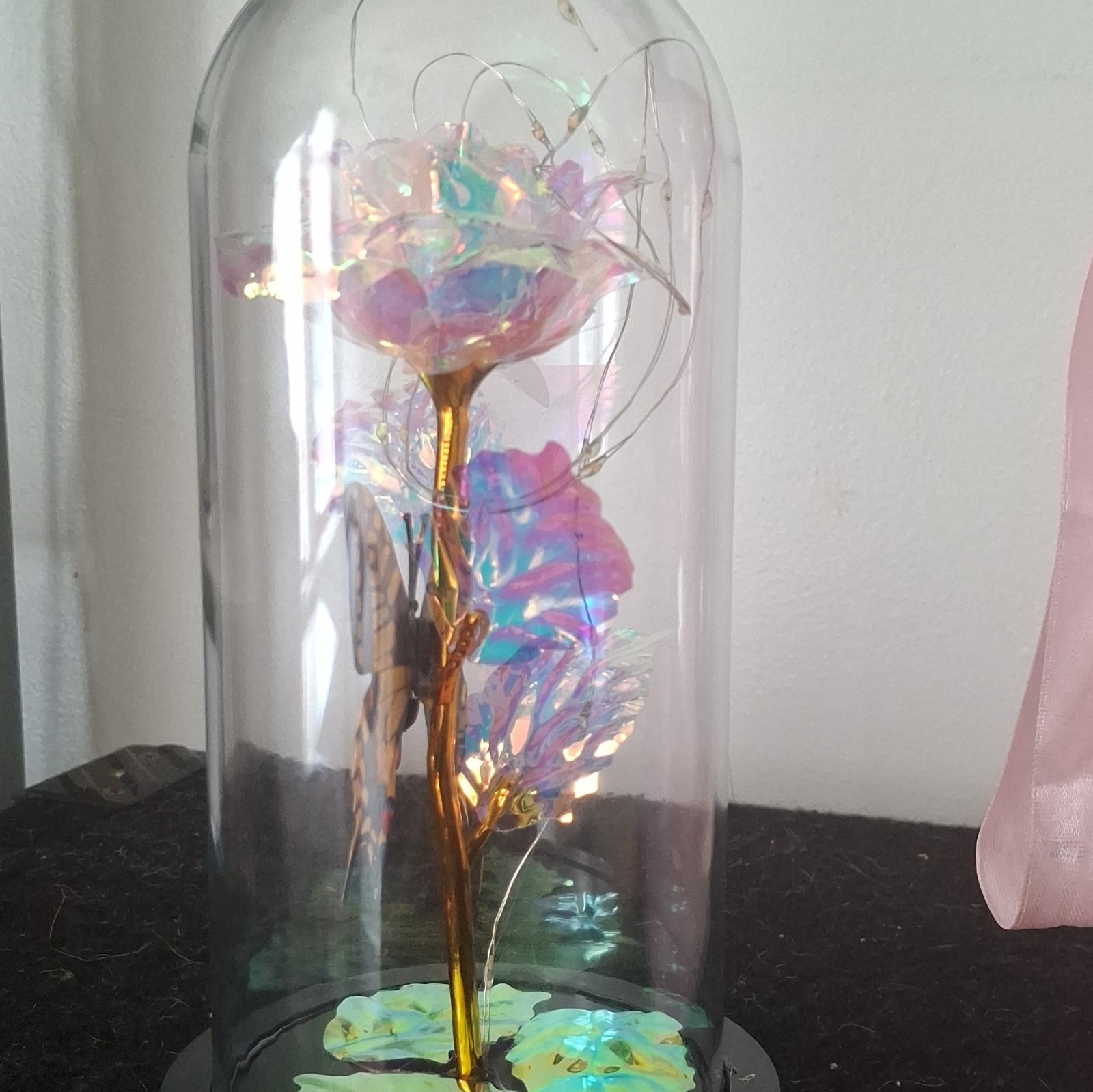 Artificial Multicolor & Gold Rose Flower Stem in Glass Dome Cloche Display