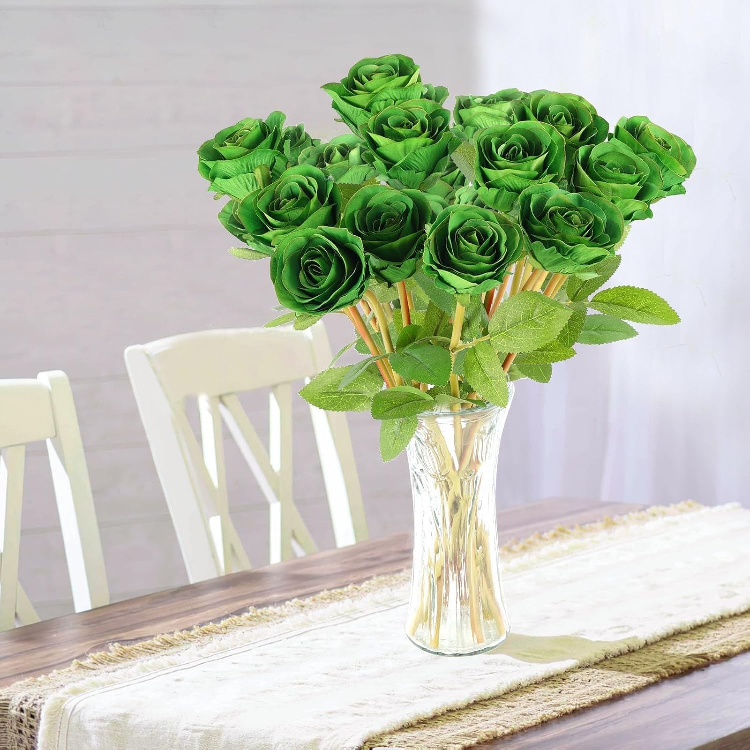 12 Pcs Green Artificial Roses Bouquet for Home Decor & Wedding