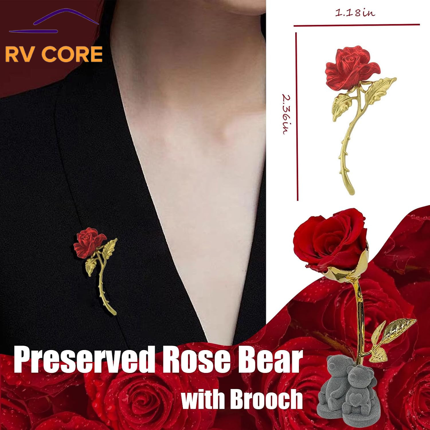 Preserved Rose Bear Gift with Brooch for Mom Wife Girlfriend Valentine’s Day