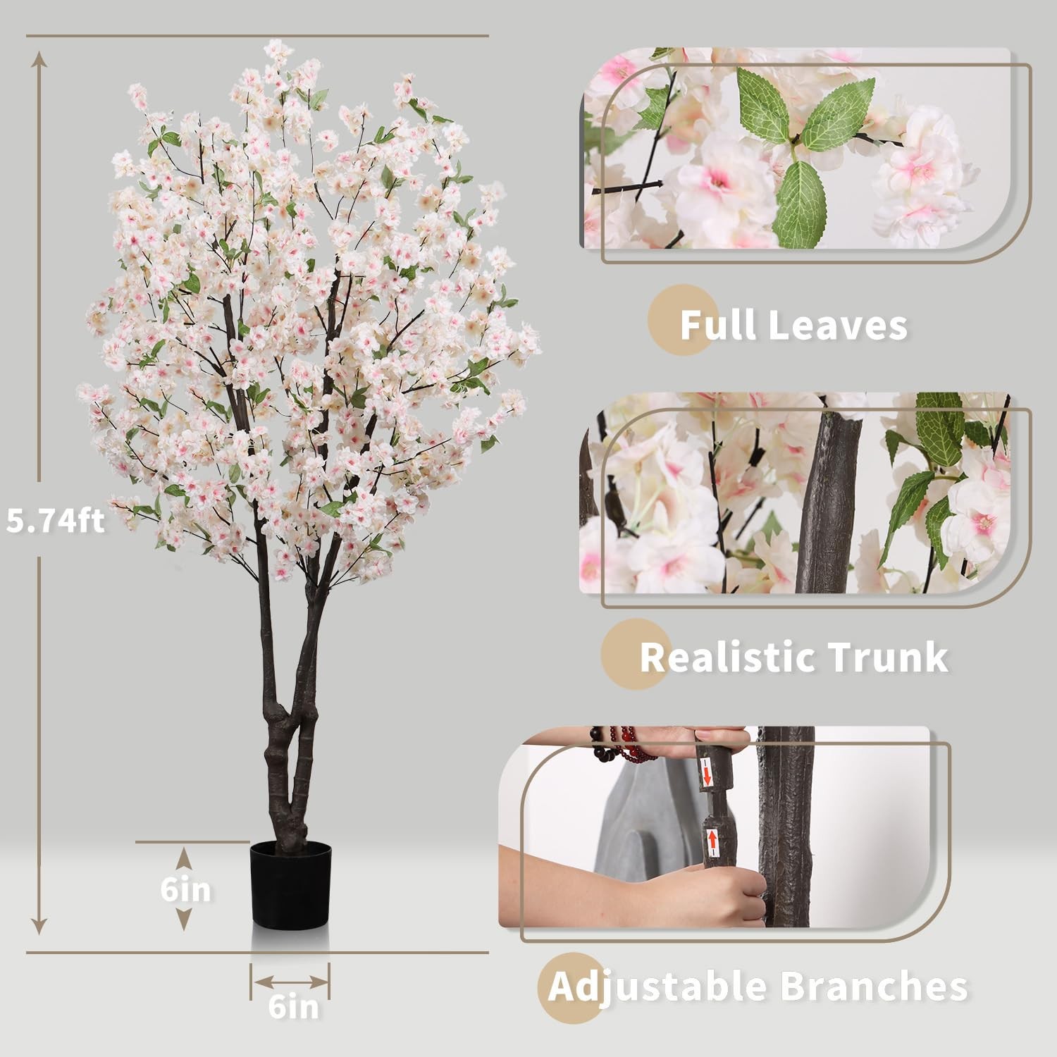DRACIT Artificial White Cherry Blossom Tree 5.7ft(68in) Faux Lifelike Plant